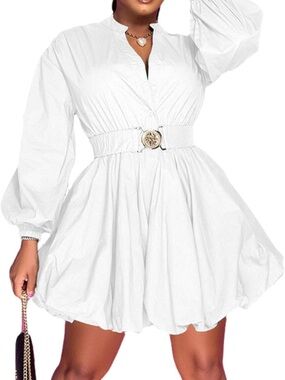 Classic White Puff-Sleeve Belted Mini Dress